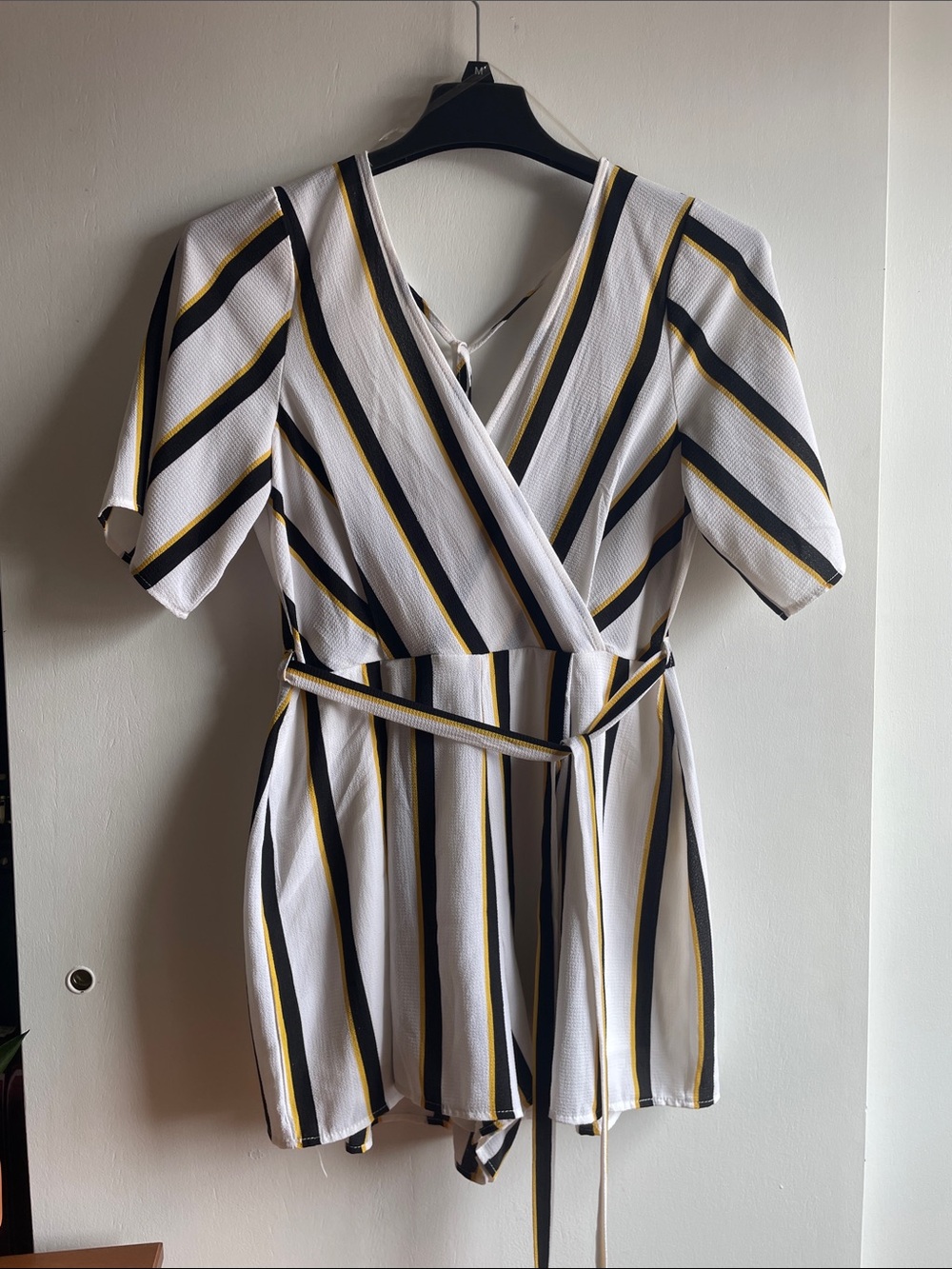White Romper with Black & Yellow Stripes